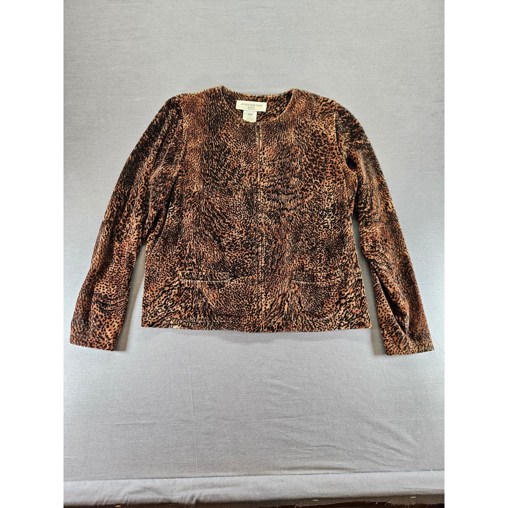 Jones New York Sport Petite Leopard Print Zip Up Jacket Brown Black PS